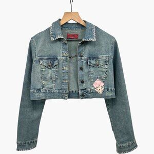 Boho Kiss Cropped Denim Jacket With Pink Patchwork & Stitching Y2K Style Size S